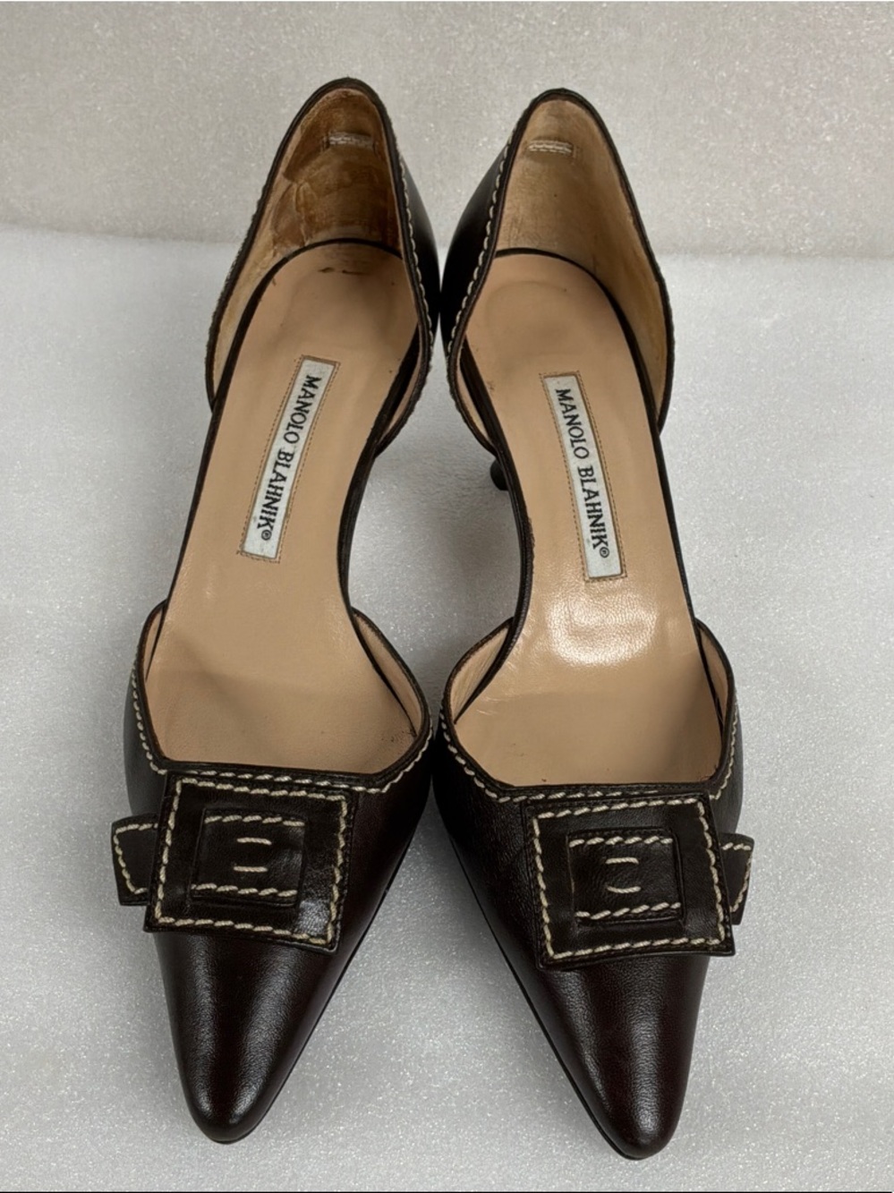 Manolo Blahnik Dark Brown Leather Pointed D'Orsay Pumps with Buckle